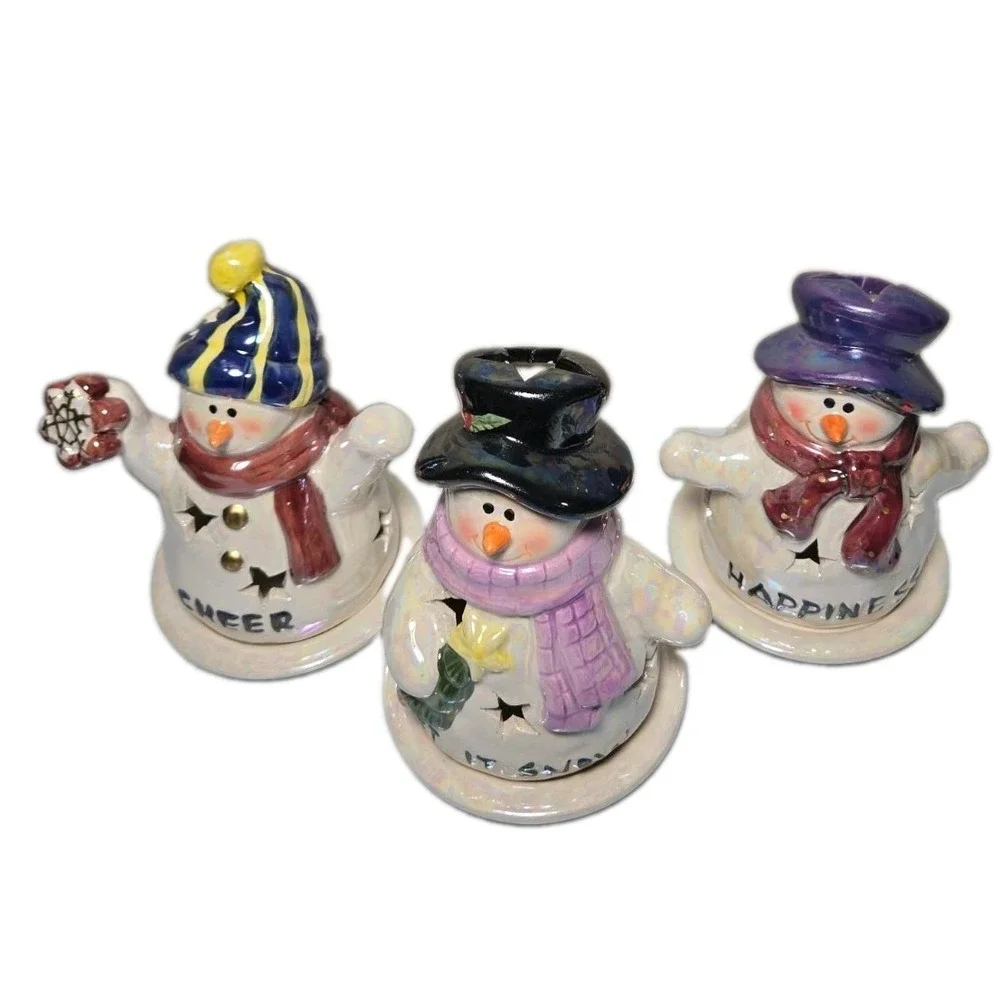 Vintage Ceramic Snowman Tealight Candle Holder Lot of 3 Christmas Holiday Decor